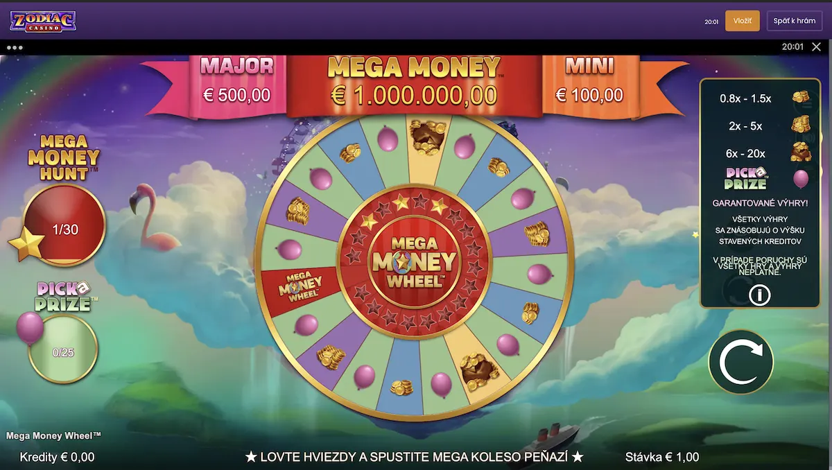 mega money wheel v zodiac casino